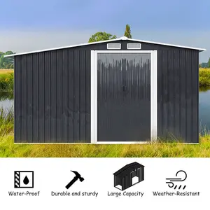 8 x 6 ft Metal Shed Garden Storage Shed Apex Roof Double Door with 6.7 x 2.1 ft Log Store, Black