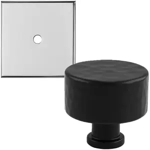 Cabinet Door Knob & Contrasting Backplate Set - Hammered Kitchen Pull - Matt Black & Chrome