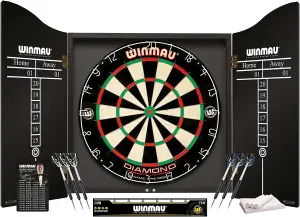 Winmau Professional Dart Set includes Diamond Plus Dartboard, Black Cabinet, 2 Sets of Darts, Official Oche Line