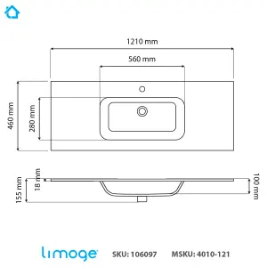 4010 Ceramic 120cm x 45cm Thin-Edge Inset Basin with Oval Bowl