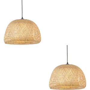 2 PACK Hanging Ceiling Pendant Light - Dome Natural Bamboo White Pc & Matt Black - 10W LED E27