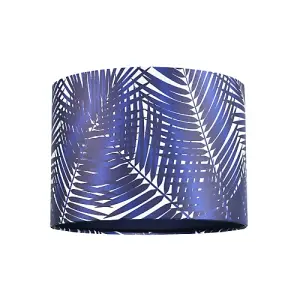 Modern Navy Midnight Blue Palm Leaves Drum Lamp Shade in Shimmer Satin Fabric