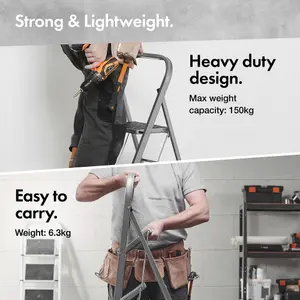 VonHaus 3 Step Ladder, Premium Quality Folding Step Ladder for DIY and Gardening, Easy to Store Step Ladders, 150KG Max Capacity