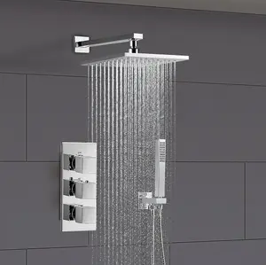 Nes Home Olive Square 3 Way Triple Thermostatic Valve with Round Shower Head + Handset