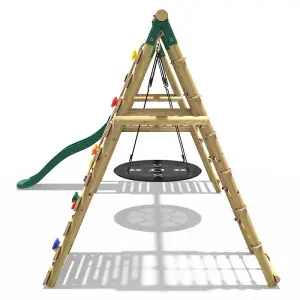 Rebo Wooden Swing Set with Deck and Slide plus Up and Over Climbing Wall - Pyrite Green