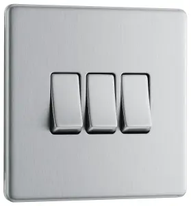 GoodHome Brushed Steel 20A 2 way 3 gang Light Screwless Switch