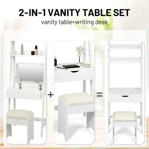 Costway Vanity Dressing Table Set Make up Desk Storage Shelf Padded Stool Flip-up Mirror