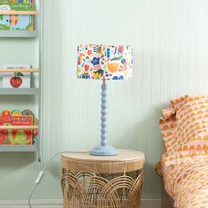 Powder Blue Bobbin Stem Table Lamp with Jungle Drum Shade for Living Room Bedroom