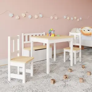 URBNLIVING 53cm Height Wooden Children's Kids Toddlers Table, 2 Chairs & Toy Storage Bench Activity Set White & Oak