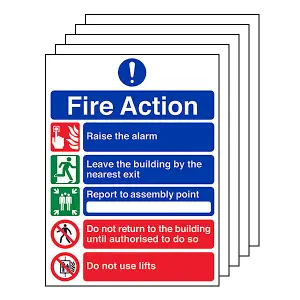 FIRE ACTION Safety Sign 5 Point Message - 1mm Rigid Plastic - 150 X 200mm - 5 Pack