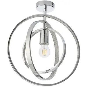 Chrome Plated Semi Flush Ceiling Pendant Light - Adjustable Hoops - Dimmable