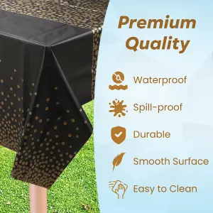 Black Plastic Tablecloth, Gold Polka Dot Printed Waterproof Table Cover - 54"x108"