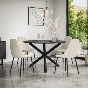 Malvern Round Dining Table And Chairs -  Black Table Top w Solid Oak Black Legs + Maya Boucle Dining Chair Set Of 4 (Ivory White)