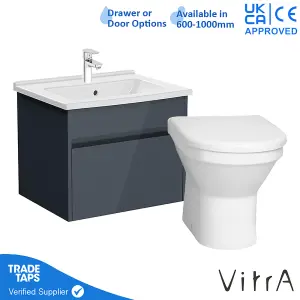 VitrA 600mm Wall Hung Bathroom Vanity Unit with 1 Drawer Includes Basin, Chrome Tap and Back to Wall Toilet - Grey Gloss