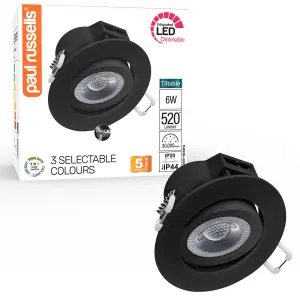 paul russells LED Downlight Black Dimmable Tilt Recessed Ceiling SpotLight 6W 520 Lumens, IP44, Colour Changeable CCT3 Pack of 1