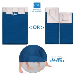 SAIL Waterproof Double Sleeping Bag with 2 Pillows Extra Large 3-4 Season - Blue