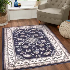 Navy Traditional Bordered Floral Easy to clean Rug for Dining Room Bed Room and Living Room-200cm X 290cm