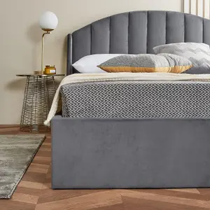 Grey Small Double Ottoman Bed With Curved Headboard & Wings