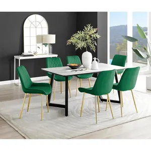 Industrial Design White & Grey Marble Effect Melamine Dining Table Set with 6 Luxury Velvet Chairs Green/Gold