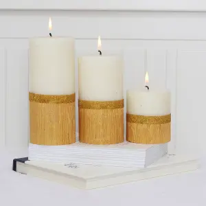 Pillar Candle Set of 3 Unscented Two Tone White & Gold Candles by Laeto Ageless Aromatherapy - FREE DELIVERY INCLUDED