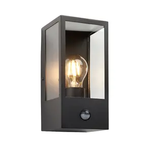 Matt Black Outdoor Wall Light & PIR Sensor - Rectangular Lantern - Clear Glass