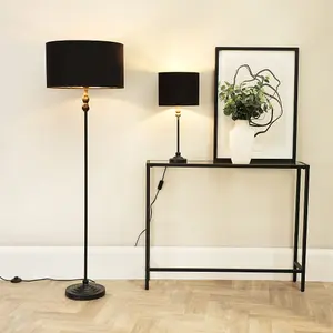 ValueLights Maggie Black Metal Candlestick Floor Lamp with Black and Metallic Gold Shade and LED Bulb