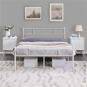 Yaheetech White 4ft6 Double Metal Bed Frame with Scroll Design Headboard and Footboard