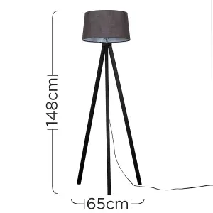 ValueLights Barbro Modern Black Wood Tripod Floor Lamp with Grey Tapered Shade - Includes 6w LED GLS Bulb 3000K Warm White