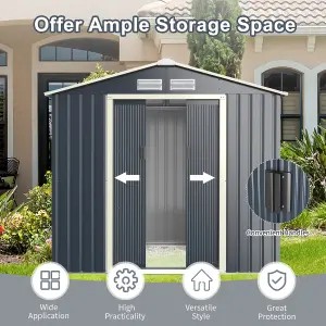 Costway 7 x 4FT Metal Garden Storage Shed Outdoor Galvanized Bike Shed Tool Storage House w/ Sliding Door