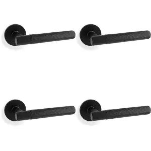 4 PACK - SOLID BRASS Hammered Door Handle Set - Matt Black Straight Lever on Round Rose