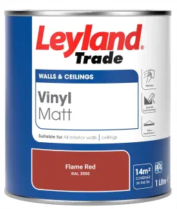 Leyland Trade Vinyl Matt Walls & Ceilings Emulsion Paint Flame Red (RAL 3000) 1L