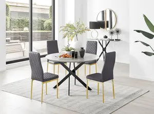 Furniturebox UK Novara Grey Concrete Effect Black Leg 120cm Round Dining Table & 4 Grey Velvet Milan Gold Leg Chairs