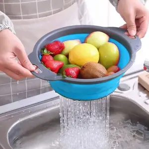 Blue Collapsible Kitchen Silicone Colander Strainer Bowl