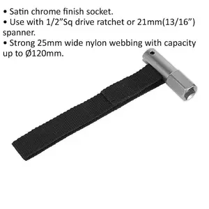 1/2" Sq Drive Oil Filter Strap Wrench - 120mm Diameter Capacity - Nylon Strap