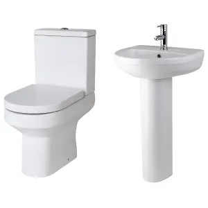 Vision Ceramic Bundle Semi Flush to Wall Toilet Pan & Cistern, Soft Close Seat, 500mm 1 Tap Hole Basin & Full Pedestal - Balterley