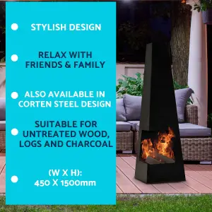 Dellonda Chiminea, Wood Burner, Heater for Outdoors W45cm x H150cm - Black Steel