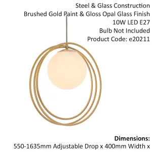 Gold Finish Ceiling Pendant Light - Gloss Opal Glass Shade - Single Bulb Lamp