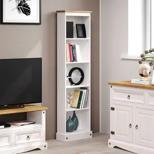 White wax Premium Corona tall narrow bookcase with antique wax top