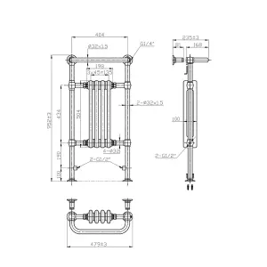 Rinse Traditional Victorian 952x479mm Heated Towel Rail Bathroom Radiator Chrome & White