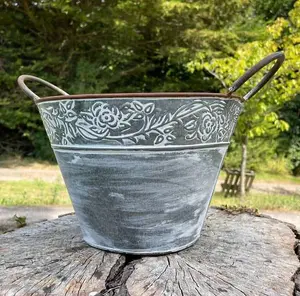 Galvanised Metal Flower Pot with Handles Outdoor Garden Planter Trough Floral Decoration