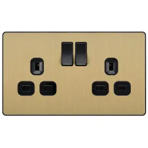 BG Brass effect Double 13A 220-240V Satin Gold Centre Switched socket, Pack of 5 with 1 poles