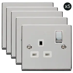 5 PACK - Polished Chrome 1 Gang 13A DP Ingot Switched Plug Socket - White Trim - SE Home