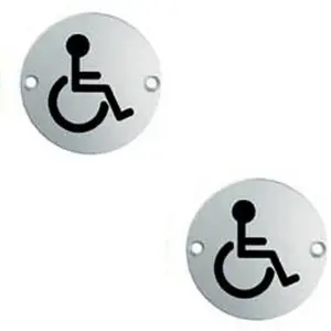 2x Bathroom Door Disabled Symbol Sign 64mm Fixing Centres 76mm Dia Steel