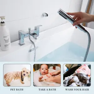 Bath tap with Shower Waterfall Bath Shower Filler Mixer Tub Tap Double Lever Chrome Solid Brass with Handheld Shower Head Faucet