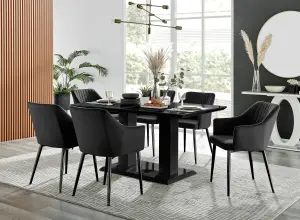 Imperia Black High Gloss 6 Seater Dining Table with Structural 2 Plinth Column Legs 6 Black Velvet Black Leg Calla Art Deco Chairs