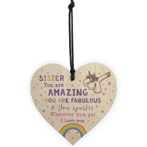 Novelty Sister Gift For Birthday Christmas Unicorn Plaque Wooden Heart From Brother