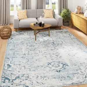 Washable Non-Slip Blue Gey Traditional Area Rug 160cm x 230cm