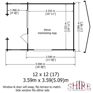 Shire Kinver 12x12 ft Toughened glass & 1 window Apex Wooden Cabin