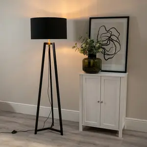 ValueLights Lottie Black Wood Tripod Floor Lamp with Black/Gold Drum Shade - LED Bulb Included