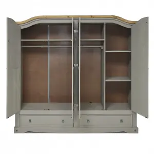 Corona Grey Wax 4 Door 2 Drawer Arch Top Wardrobe Solid Pine with Mexican Styling